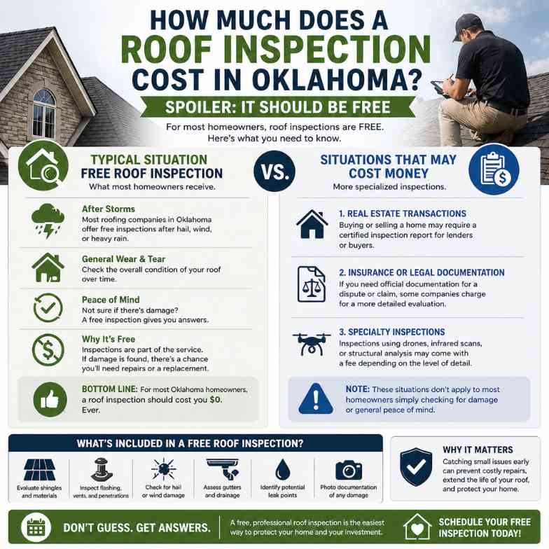 infographic explaining how much a roof inspection costs in Oklahoma and when to get one for homeowners