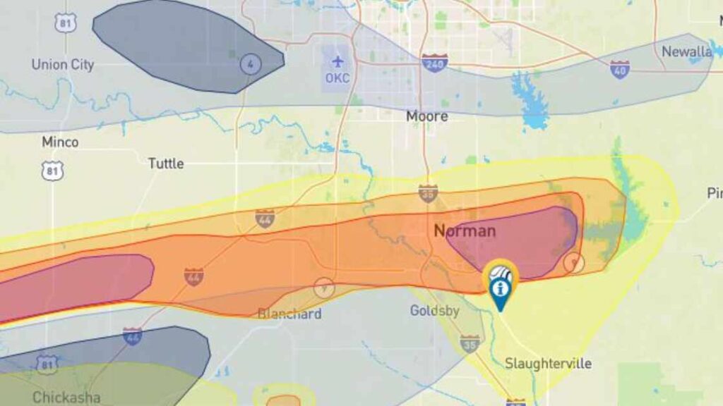 map of norman hail storms paths overlaid on city map