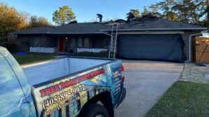 roofing company truck outside of home completing inspection after homeowenr asked "how long do you have to repair hail damage after filing claim?"