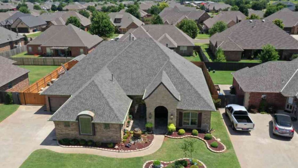front top view of new roof replacement in Yukon, OK done by Triple Diamond Construction