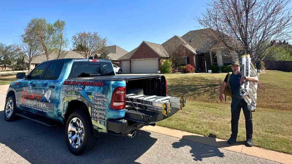 roofer outside of home with ladder explaining signs you need emergency roof repairs after a storm