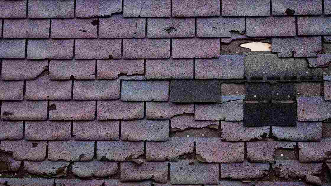 old asphalt roofing shingles deteriorated from age with curling edges