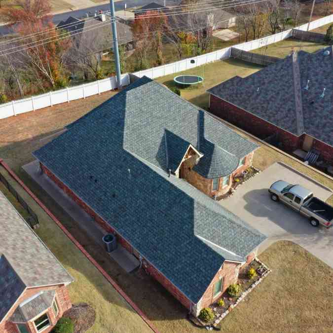 drone photo of roof replacement on residential home in Stillwater, Oklahoma