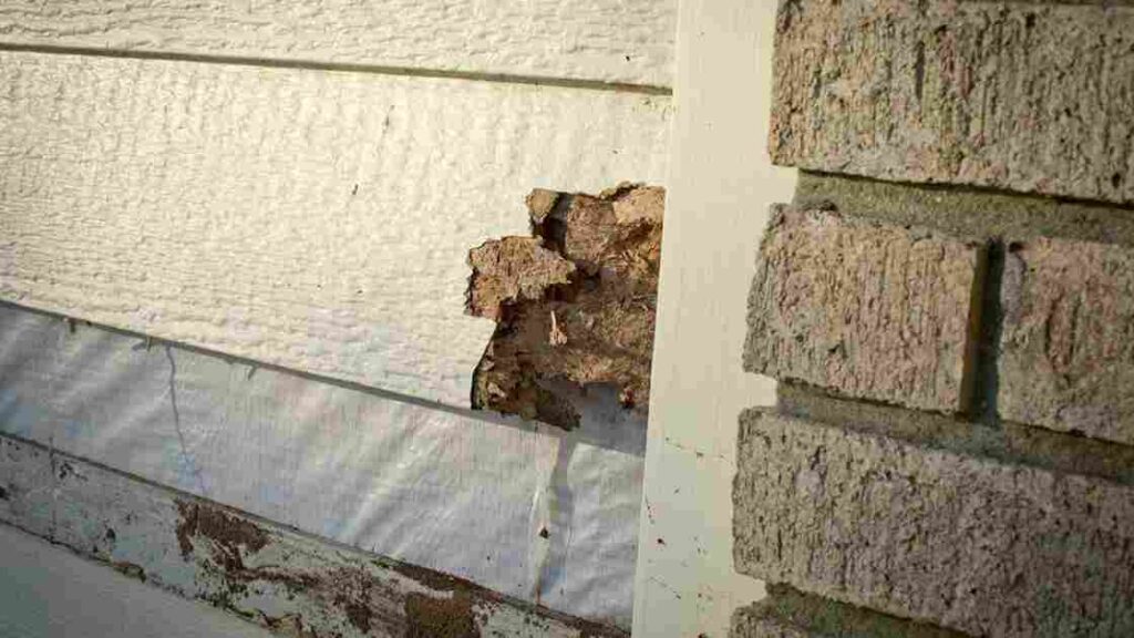 residential home with siding damage near the bottom of an exterior wall