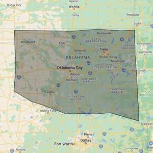 okc roofing company service areas on map with shaded area covering Oklahoma City metro