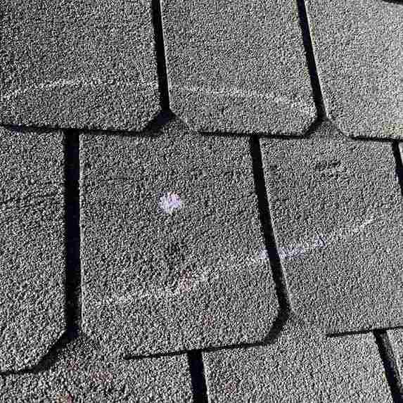 close up of hail impact mark on residential roof shingle found during inspection by licensed roofer