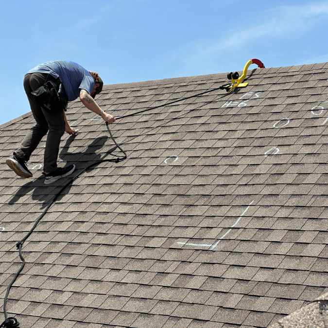 roofer on steep residential roof using safety gear to check for hail damage repairs in Shawnee, Oklahoma