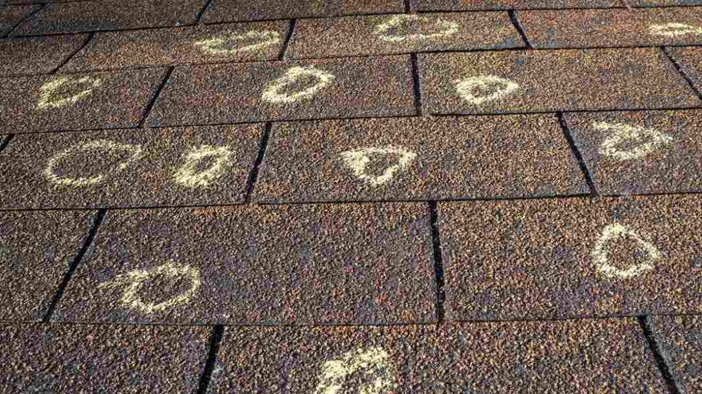 hail impact marks circled on asphalt shingle roof