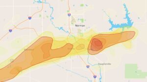 map showing path of hail storm hits Blanchard, OK on the night of April 28, 2025