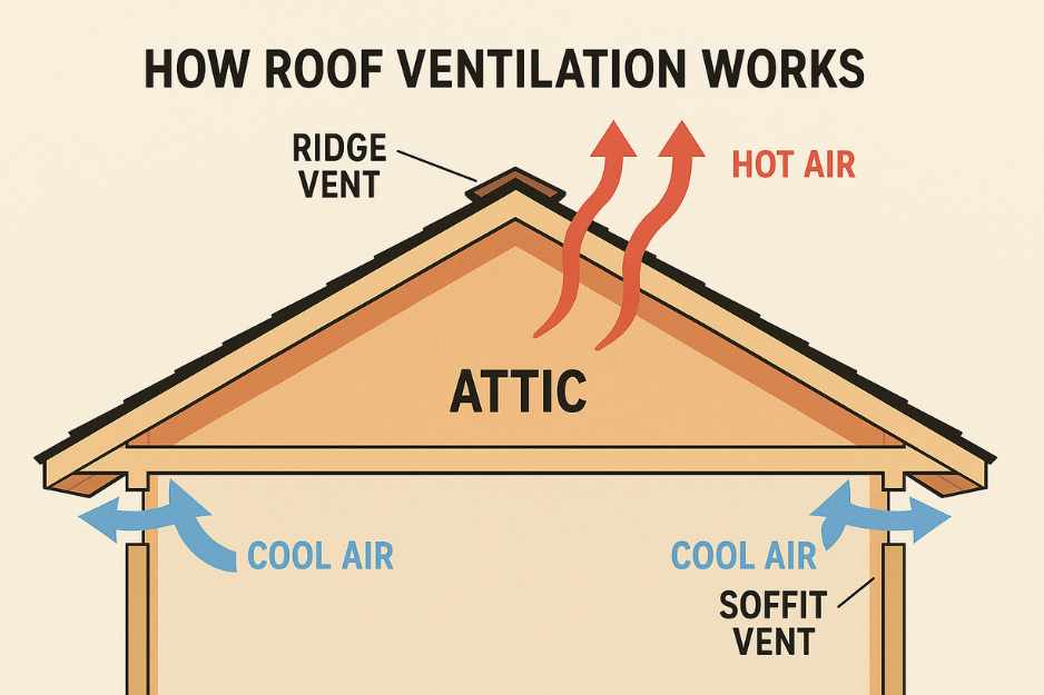 diagram showing how soffit and ridge vents work together to pull hot air out of attic and keep home cool