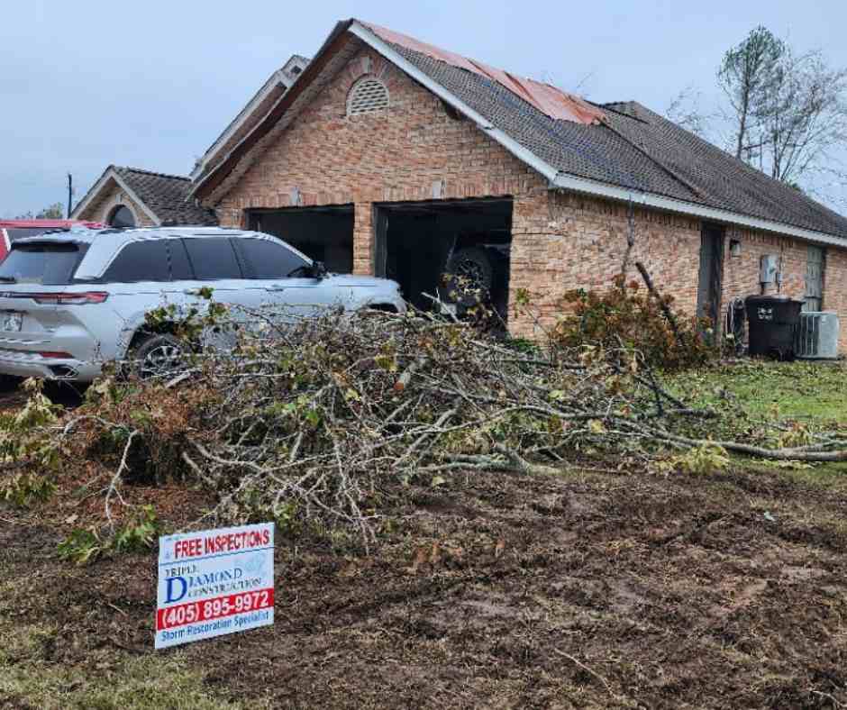 roofing company yard sign outside home that has tarps from storm damage