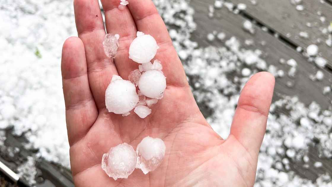 hand holding hail size of a marble next to home exterior