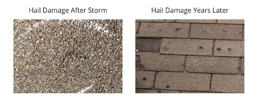 side by side comparison of roof shingle showing what hail damage looks like right after a storm and what hail damage looks like years later without repairs