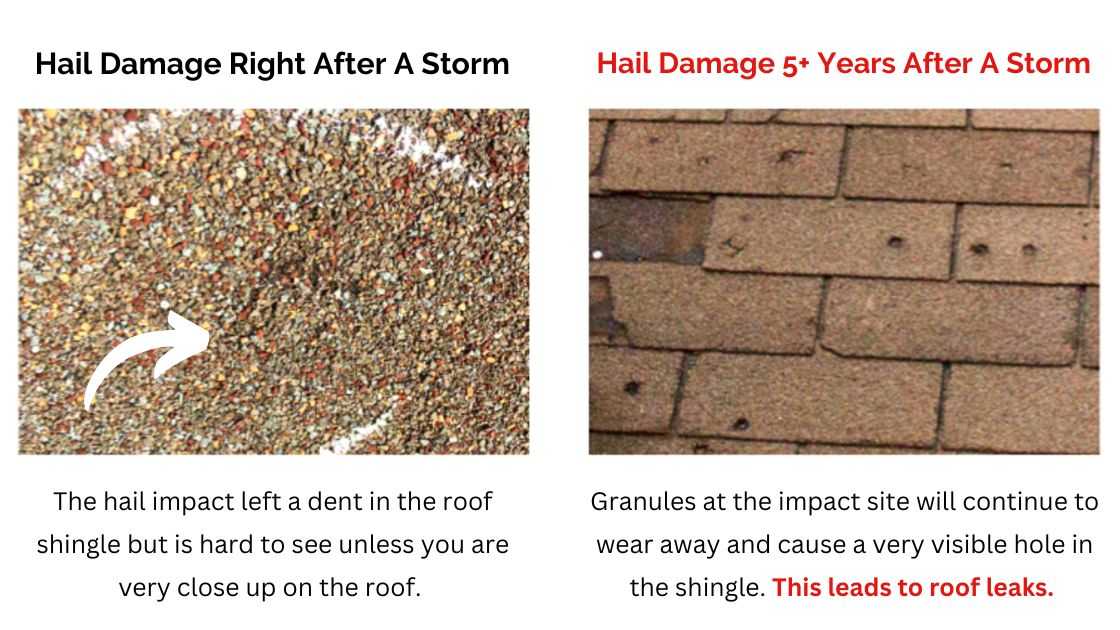photo comparison of new hail damage and 5 year old hail damge on roof