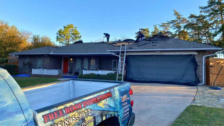 roofing company truck outside of home after homeowner searched for roofing company near me in Oklahoma City